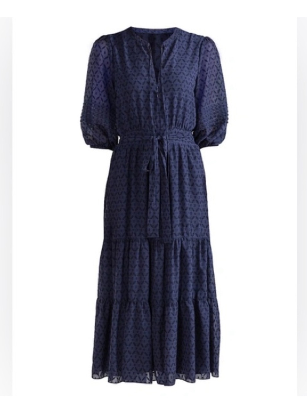 Shoshanna Navy Textured Puff-Sleeve Tiered Maxi Dress